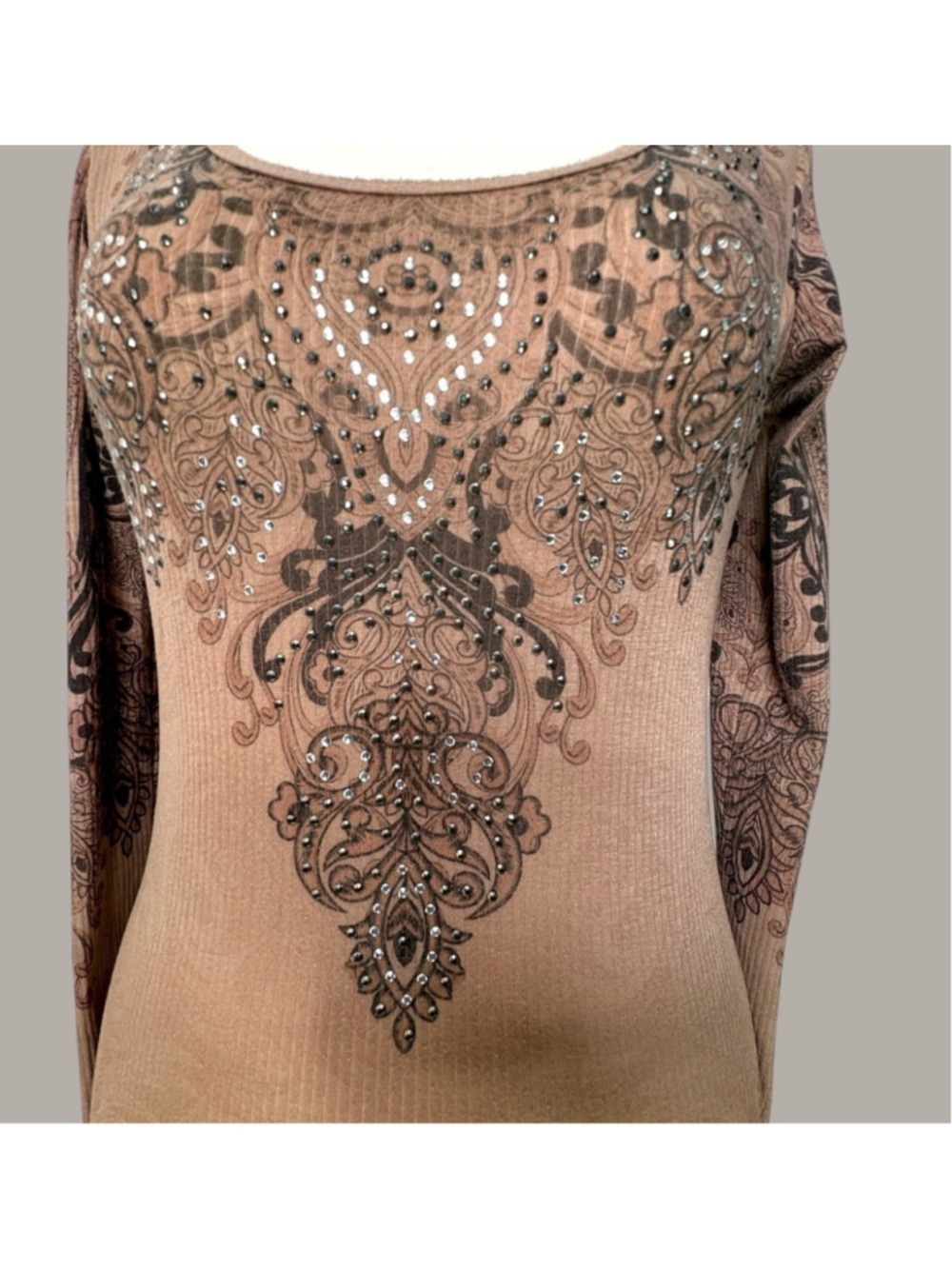 Vocal Rhinestone Angel Wings Long Sleeve Top M Tan Ribbed Y2K Mall Goth Biker - Picture 3 of 15